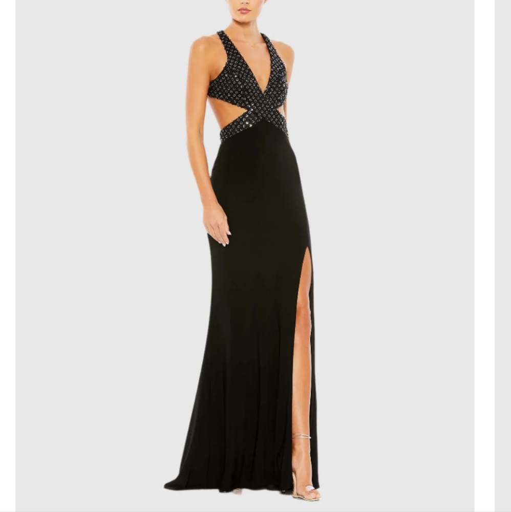 NWT Mac Duggal 68166 Sequin Sheath Criss Cross Bodice Gown Black Size 10